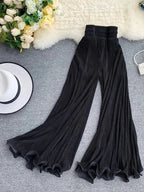 ZOKI Women Flare Pants Loose Gauze Elastic High Waist Ruffle Chiffon Ladies Trousers Fashion Black White Summer Female Pants New