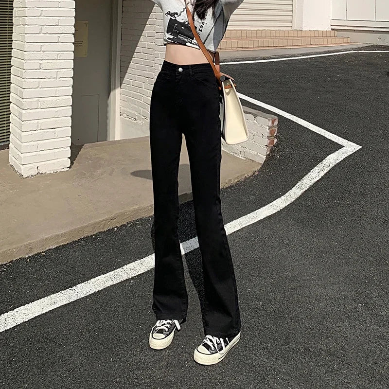 Woman American High Waist Slim Fit Bell Bottom Jeans Female Fashion Y2k Flare Pants Girls Elastic Designer Black Denim Trousers