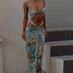 Women Sexy Printed Vestidos Chic Sleeveless Hollow Out Halter Bodycon Mini Dress 2025 Ladies Beach Seaside Vacation Bohemia Wear