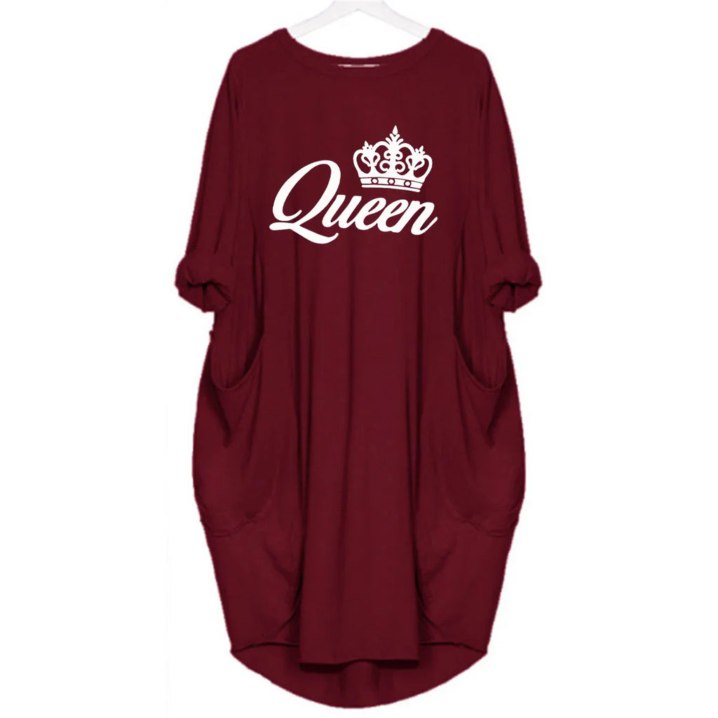 Women's spring and summer casual loose plus size QUEEN printed round neck long sleeved pocket dress streetwear
