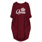 Women's spring and summer casual loose plus size QUEEN printed round neck long sleeved pocket dress streetwear