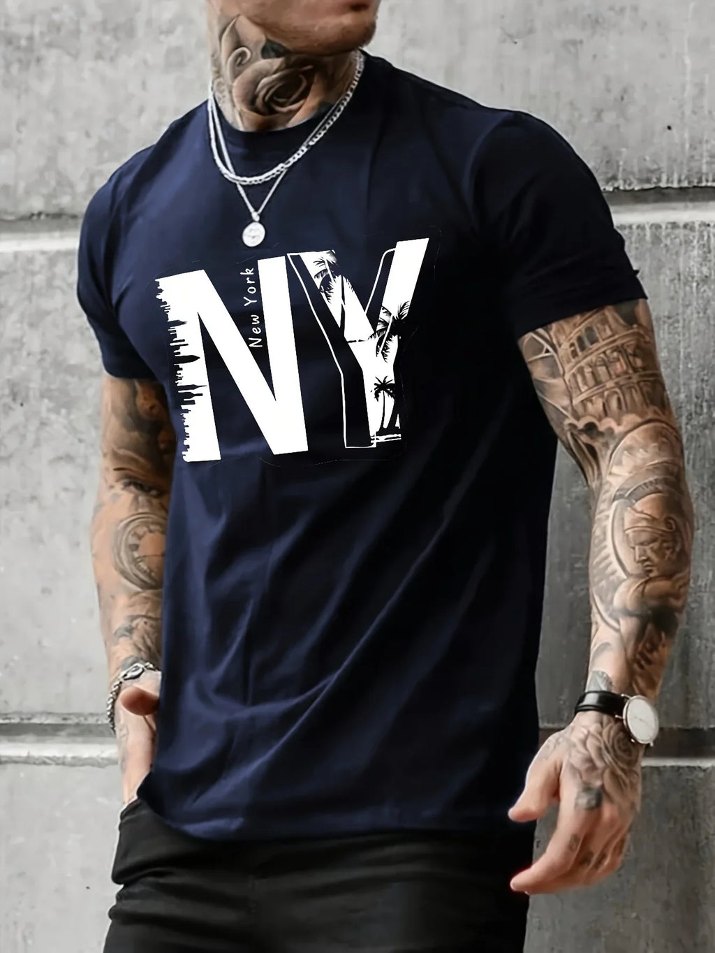 Summer men's 100% pure cotton casual loose plus size NY letter printed sports comfortable round neck short sleeved T-shirt top