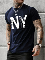 Summer men's 100% pure cotton casual loose plus size NY letter printed sports comfortable round neck short sleeved T-shirt top