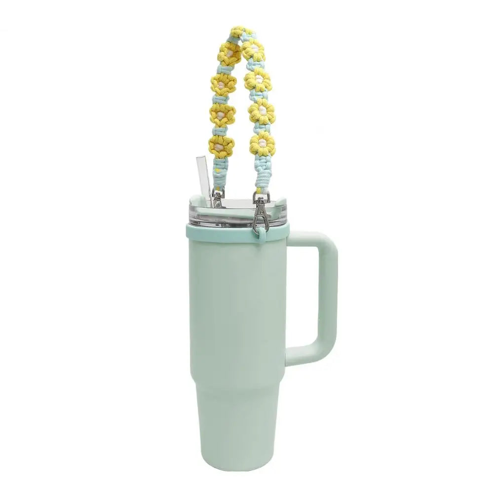 Water Bottle Handle Strap Handmade Flower 16-40oz Tumbler Silicone Safety Ring Cotton Rope Flower Durable Water Bottle Strap