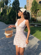 Hugcitar 2024 Cherry Print Straps Backless Draped Sexy Bodycon Mini Dress Summer Women Elegant Clothes Birthday Party Vacation