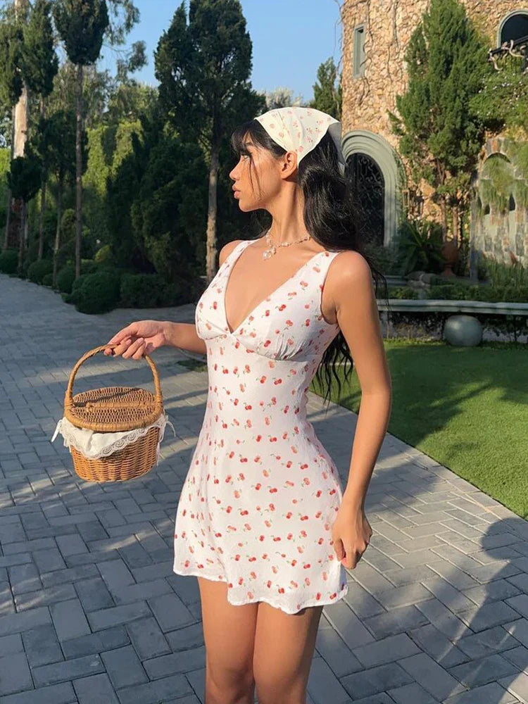 Hugcitar 2024 Cherry Print Straps Backless Draped Sexy Bodycon Mini Dress Summer Women Elegant Clothes Birthday Party Vacation