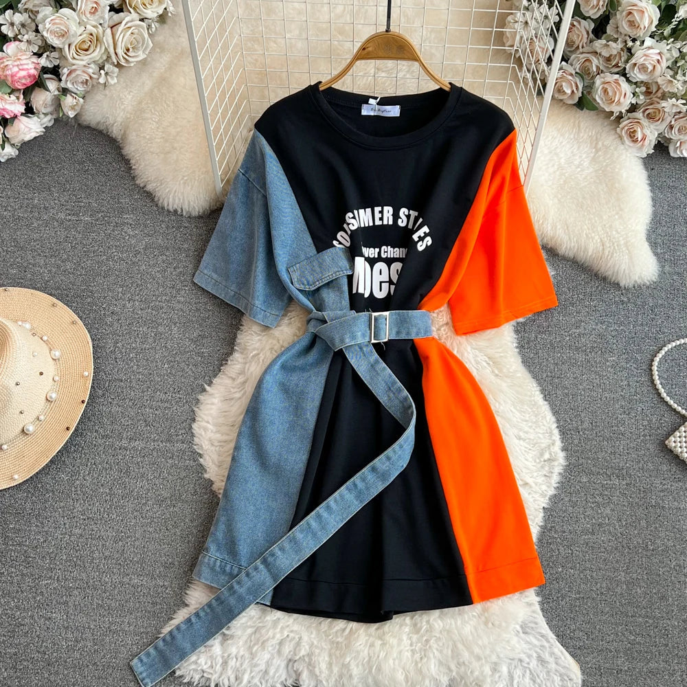 XFPV 2025 Summer Fashion Short Sleeve Round Neck High Waistband Slim A-line Denim Printed Patchwork Dress For Women SM11498