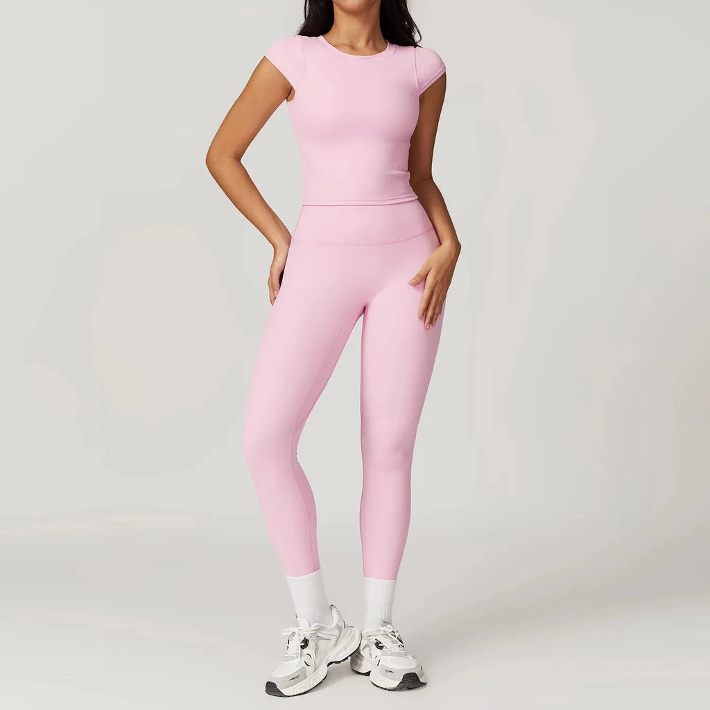 Two Piece Short Sleeve Sport Yoga Set Outfit Fitness Gym Set Workout Clothes for Women Flare Leggings Sportwear Women Tracksuit