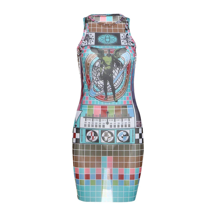Weird Puss Aesthetic Print Dress Women See Through Sleeveless Skinny Colorful Hipster Skinny o-Neck Summer Trend Club Bodycon