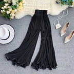 ZOKI Women Flare Pants Loose Gauze Elastic High Waist Ruffle Chiffon Ladies Trousers Fashion Black White Summer Female Pants New