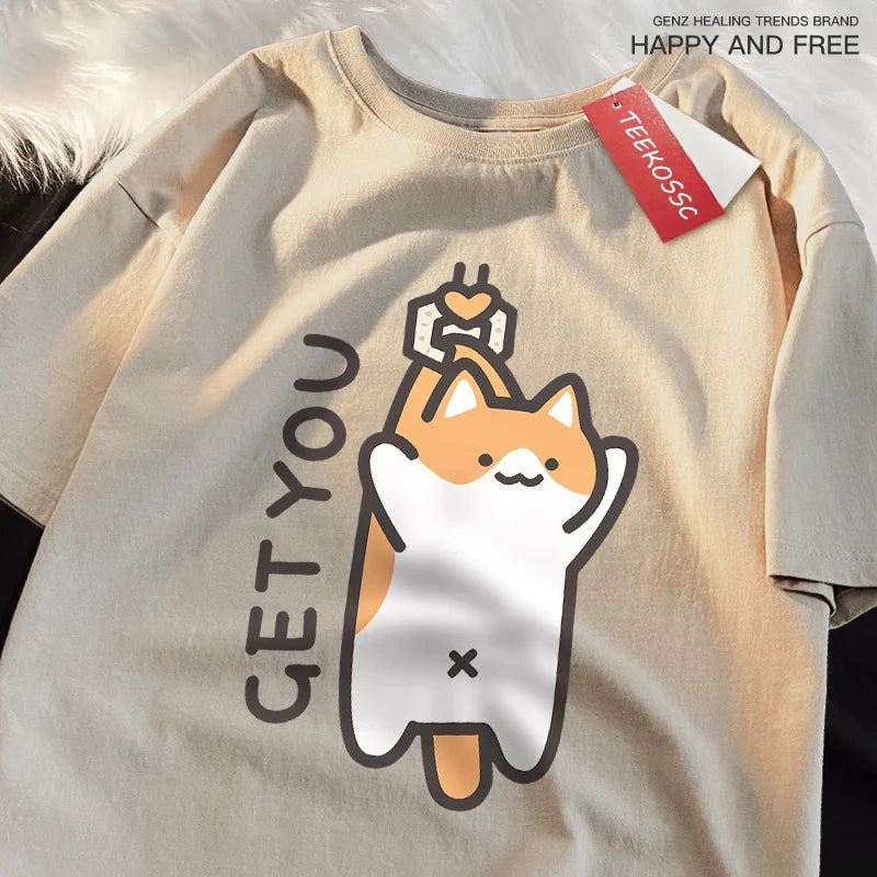Catching Baby Fun Cat Print Japanese Style Clothes Men Fashion Oversize T-Shirt Casual O-neck Tops Summer Cotton Loose T Shirt