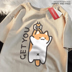 Catching Baby Fun Cat Print Japanese Style Clothes Men Fashion Oversize T-Shirt Casual O-neck Tops Summer Cotton Loose T Shirt