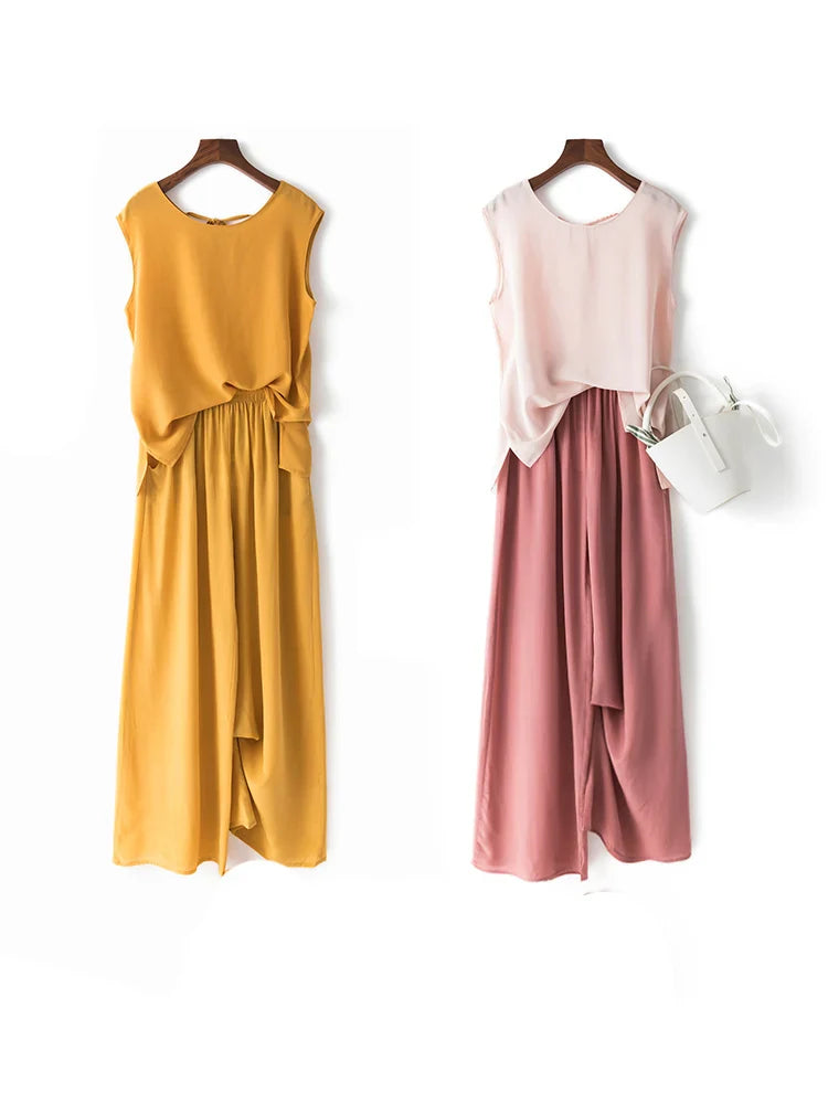 SuyaDream Women Wide Leg Pants 100%Real Silk Solid Elastic Waisted Ankle-length 2024 Office Spring Autumn Chic Trousers Black