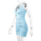 Fairyshely Sexy Ruffle Deep V Short Club Dress Ladies 2024 Summer Blue Bodycon Dresses Evening Party Tight Mini Dress