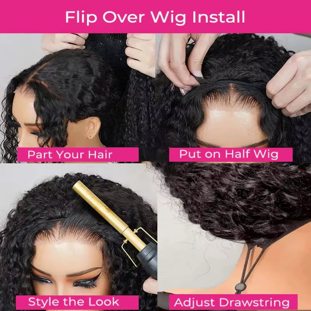 Geeta Half Wigs Human Hair Kinky Curly 3 In 1 Human Hair Wig Seamless Flip Over Half Wig Beginner Friendly Curly Wigs for Women