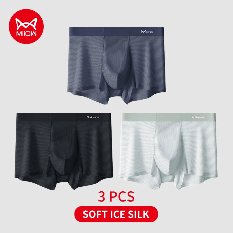 MiiOW 3Pcs Soft Ice Silk Men Boxer Underwear Men's Panties Summer Breathable Striped Underpants Male Antibacterial Boxers Trunks