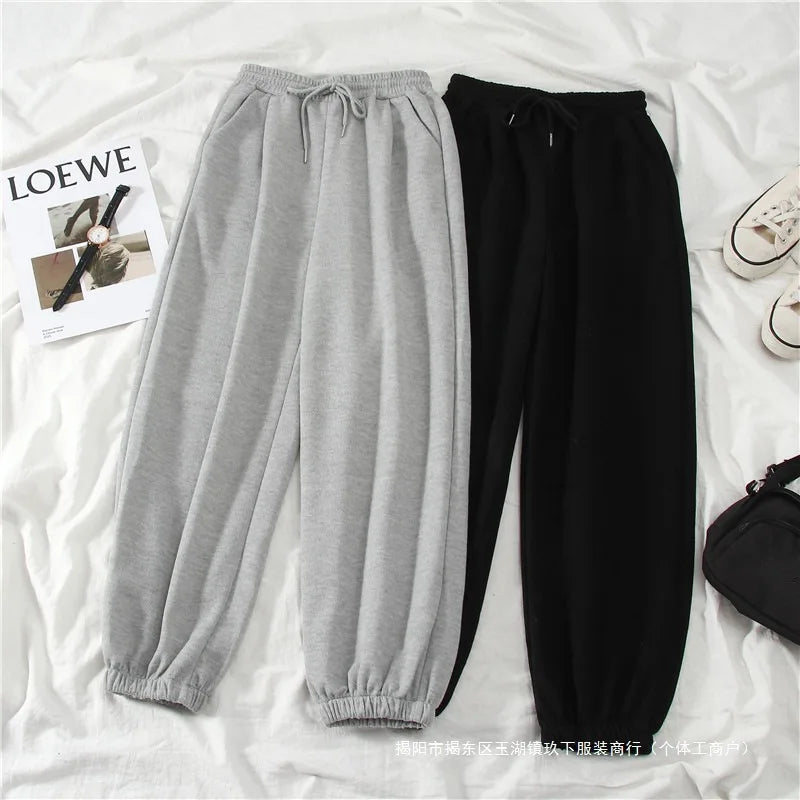 Women's Autumn Winter Casual Sports Loose Slimming Versatile Fleece-lined Outerwear Straight-leg Cuffed Pants Carrot Sweatpants