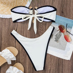 White Bandeau Bikinis Sets Woman Sexy Swimsuit Contrast Color Metal Buckle Swimwear High Cut Bathing Suit Brazilian Bikini Mujer