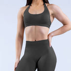 D LOGO Sports Bra Women Seamless Halter Neck Strap Bra with Logo Padded Open Back Yoga Top Bra Medium Support Gym Crop Top