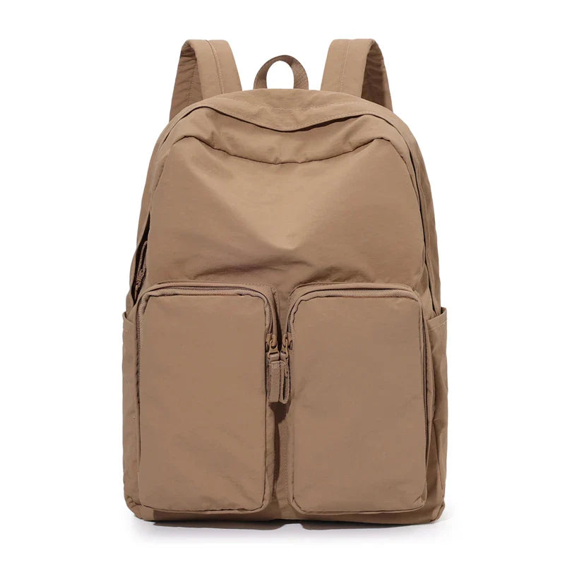 Water - resistant double - shoulder backpack. It has a large capacity, is lightweight and casual. Made of wrinkled and washed ny