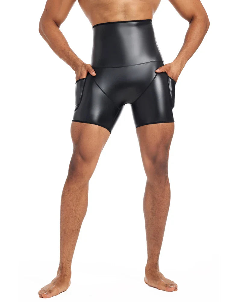 Men`s High Waist Shorts Street Runnings Sports Pants Hip Hop Pants Faux Leather Boxer Shorts Wet Look Shorts Slim Pants Clubwear