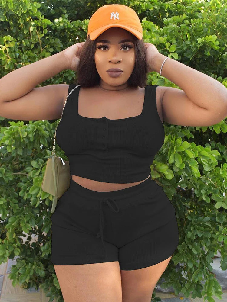 Curve Plus Size Women 2piece Sets Solid Color Ribbed Knit Outfits Summer Casual Sexy Shorts T-shirt Set Wholesale Dropshipping