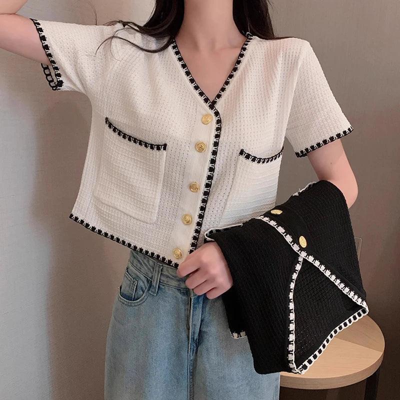 Summer Women New Solid V-Neck Casual Crop Top Single-breasted Pocket Patchwork Cardigan Versatile Loose Short Sleeve Shirts 2025