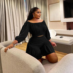 CM.YAYA Plus Size Women's Set Long Sleeve Slash Neck T-Shirt and Shorts 2025 Summer Ruched Two 2 Piece Set Outfits Tracksuit