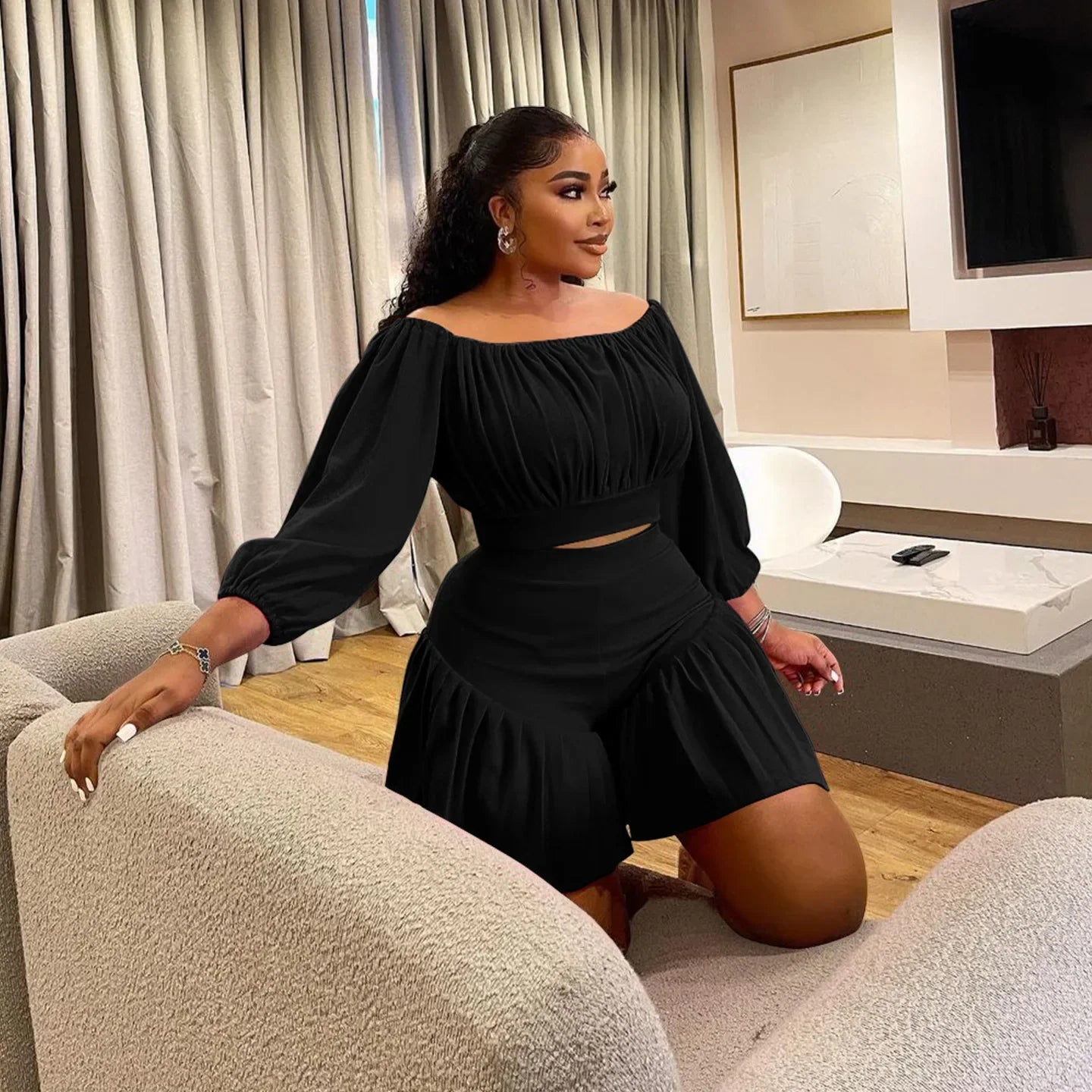 CM.YAYA Plus Size Women's Set Long Sleeve Slash Neck T-Shirt and Shorts 2025 Summer Ruched Two 2 Piece Set Outfits Tracksuit