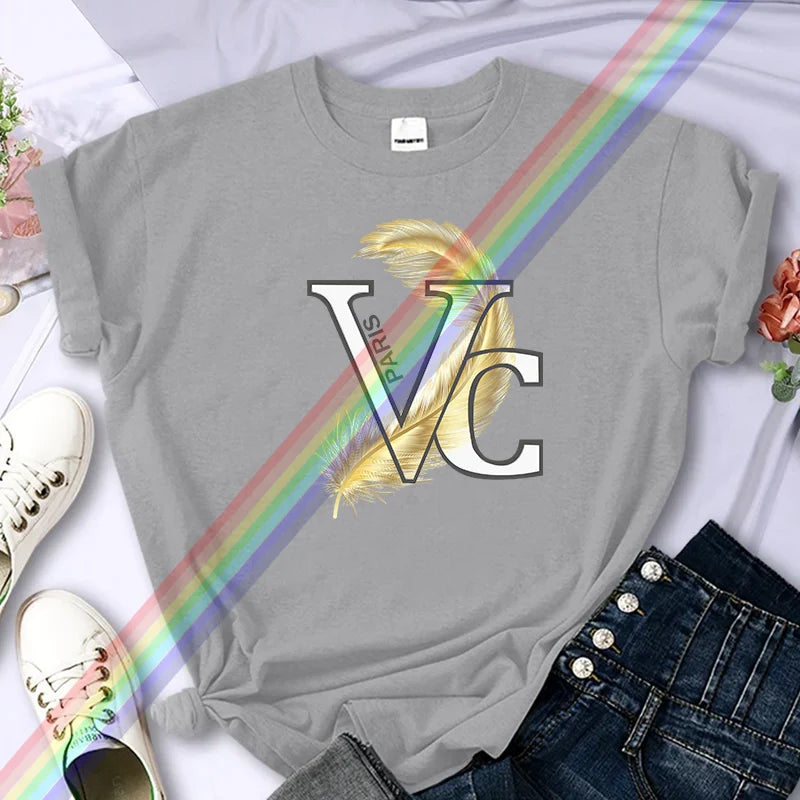 For Women's Luxury Brand High-Quality Summer Feather Printing T-shirt 100% Cotton Casual Oversized Y2k Personality Sleeve O-neck