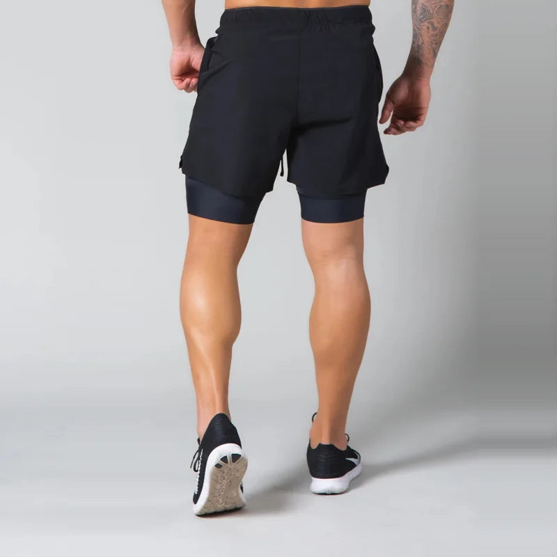 Double-deck fitness sports shorts men summer quick drying breathable woven Shorts Men's 2 IN 1training Gyms clothing