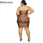 Waterarea Plus Size Elegant Faux Leather Bodycon Midi Skirt Suit  Women Strapless Zipper Fly Ruffles Top Two 2 Piece Set Outfits