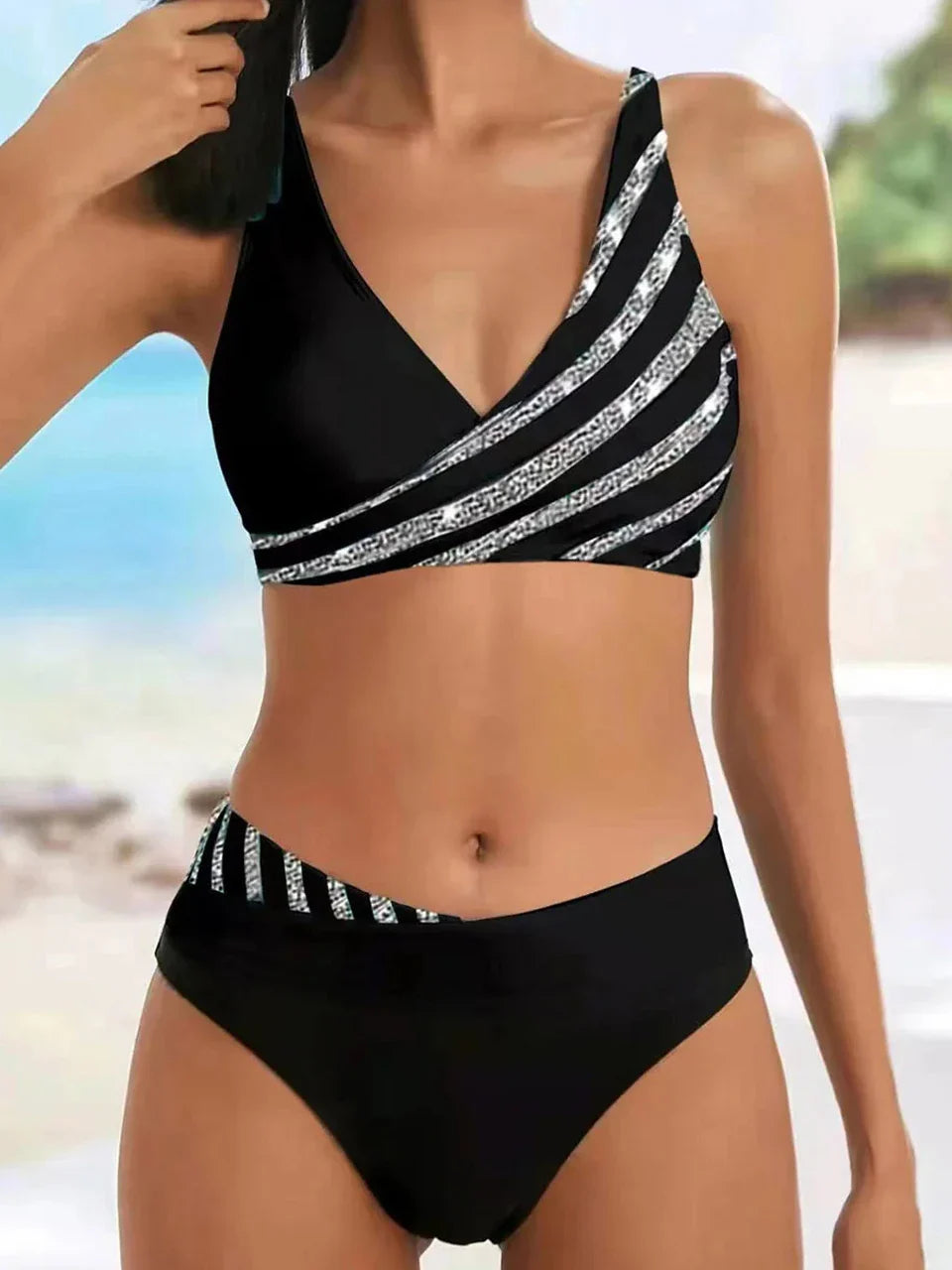 V Neck Bikini Set 2024 Women Stripe Print Patchwork Swimwear Summer Beachwear Swimsuit Female Bathers Bathing Swimming Suit 2XL