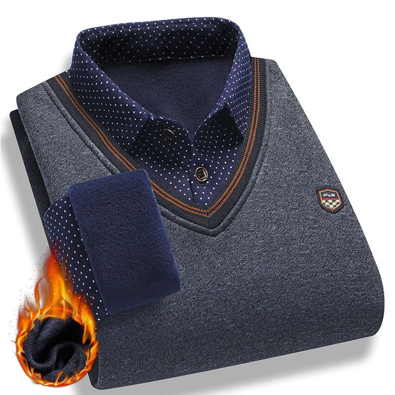 Men's Autumn Winter Sweater Pullover Polo Shirt Collar Fleece Thick Warm Top Clothes Business Casual Jumpers
