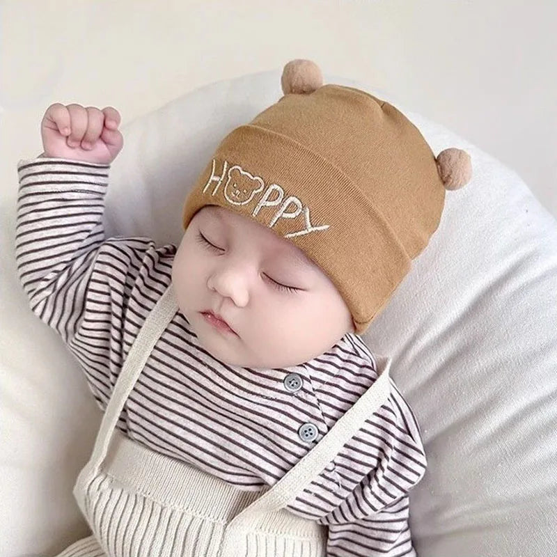 Cute Newborn Fetal Hat Soft Cotton Infant Boy Girls Cartoon Letter Bear Cap Solid Color Spring Autumn Warm Beanie