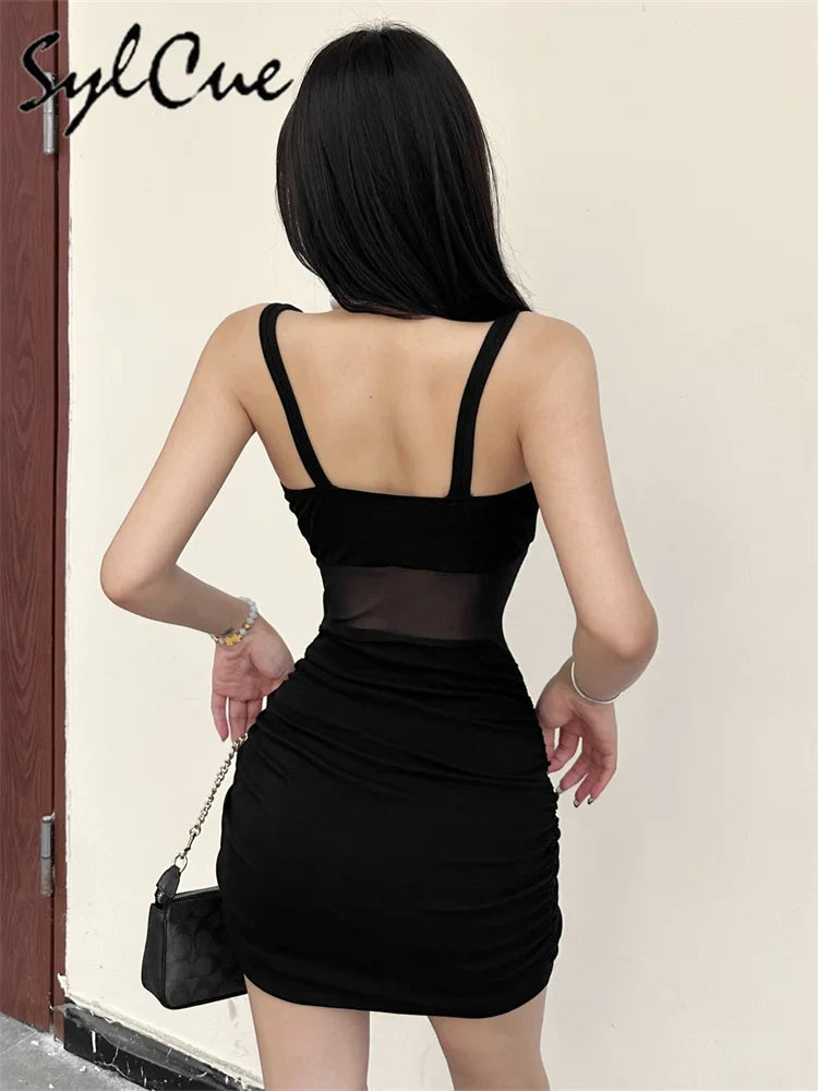 Sylcue Black Mysterious Sexy Mature Beautiful Tight Hot Confident Summer Party Intellectual Elegant Simple Women'S Strap Dress