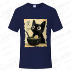 Funny Cat Ramen Graphic Tee Japanese Kawaii Anime Cat T-Shirt Fashion T-shirts Short Sleeve Clothes Trend Casual Unisex Tshirts