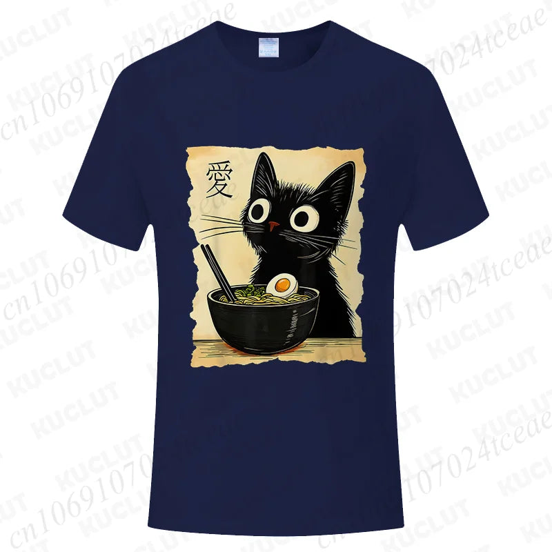 Funny Cat Ramen Graphic Tee Japanese Kawaii Anime Cat T-Shirt Fashion T-shirts Short Sleeve Clothes Trend Casual Unisex Tshirts
