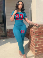 LW Plus Size Number 23 Print Pocket Design Pants Set Pullover Short Sleeve O Neck Top&Sheath Elastic Waist Trousers Fitness 2pc