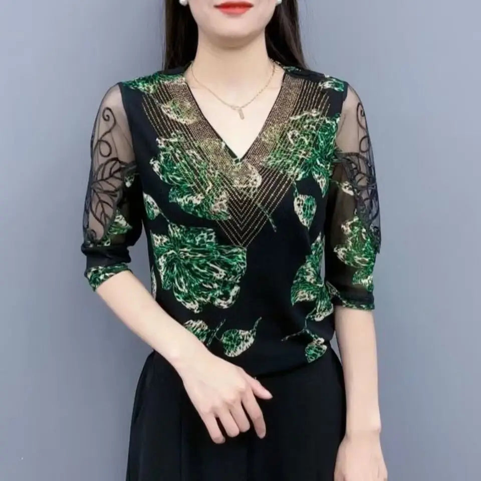 Vintage Printed Spliced Gauze Diamonds Lace Blouses Women's Clothing 2023 Autumn New Elegant Pullovers Office Lady Shirts