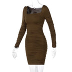 Elegant Square Collar Long Sleeves Folds Slim Bodycon Dress Women Solid Color Skinny Mini Dress Sexy Club Party Vestidos