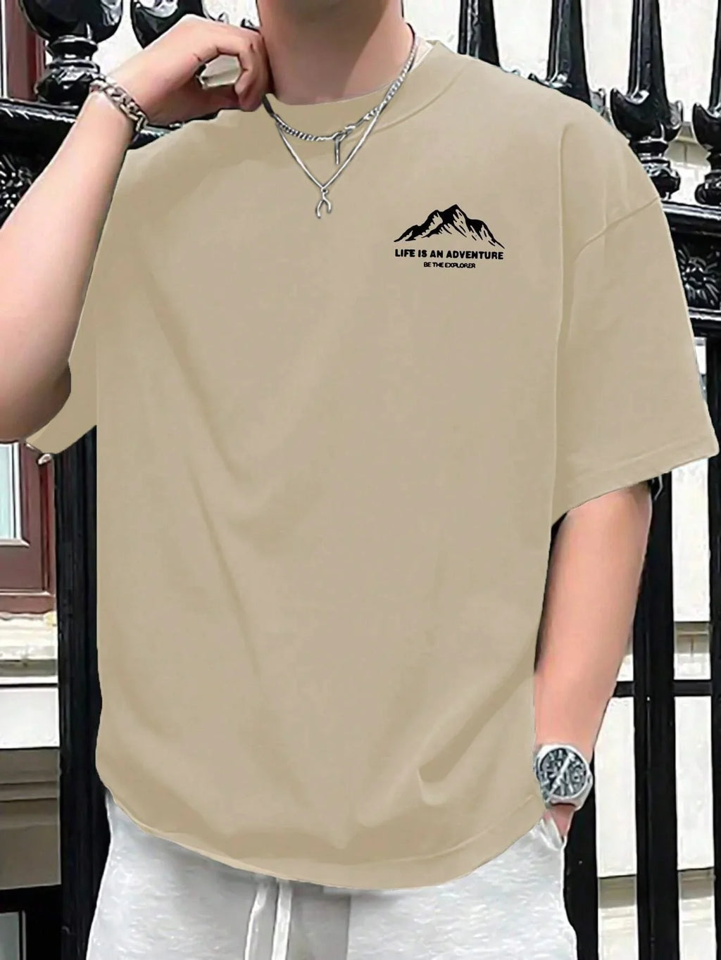 Summer men's 100% pure cotton casual loose plus size Letter And Mountain pattern printed round neck short sleeved T-shirt top