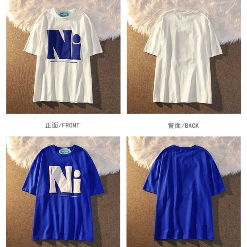 Lovers Short-sleeved Cotton Printed Pattern Casual Loose T-shirt All-match High Street Vintage Half-sleeved Top O Neck Pullover