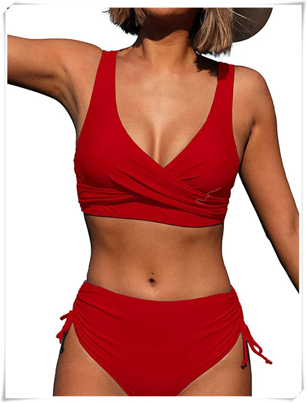 Drawstring High Waist Bikini 2023 Women Solid Swimwear Female Cross Front Swimsuit Padded Beachwear Bather Bathing Swimming Suit