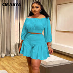 CM.YAYA Plus Size Women's Set Long Sleeve Slash Neck T-Shirt and Shorts 2025 Summer Ruched Two 2 Piece Set Outfits Tracksuit