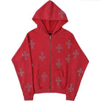 European and American loose top cross hot diamond hoodie women's high street Harajuku retro hip hop zipper Y2K hooded sweatshirt