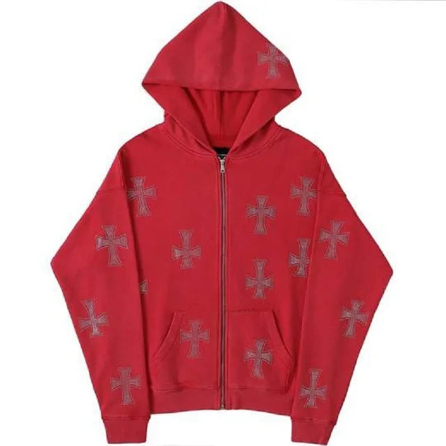European and American loose top cross hot diamond hoodie women's high street Harajuku retro hip hop zipper Y2K hooded sweatshirt