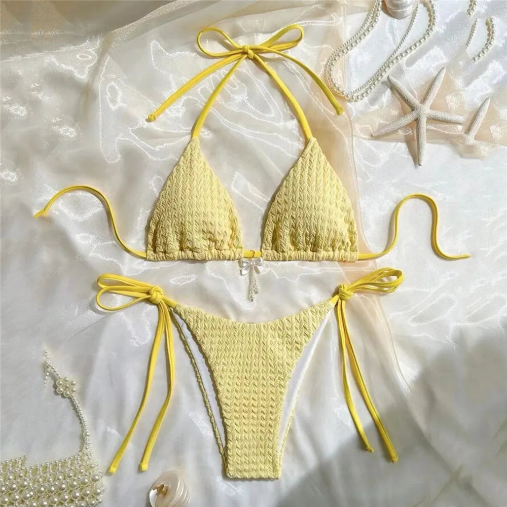 Yellow Halter String Triangle Micro Bikini Thong Solid Swimwears Micro Thong Sexy Swimsuit Women Bathing Suit Bikinis Sets 2025