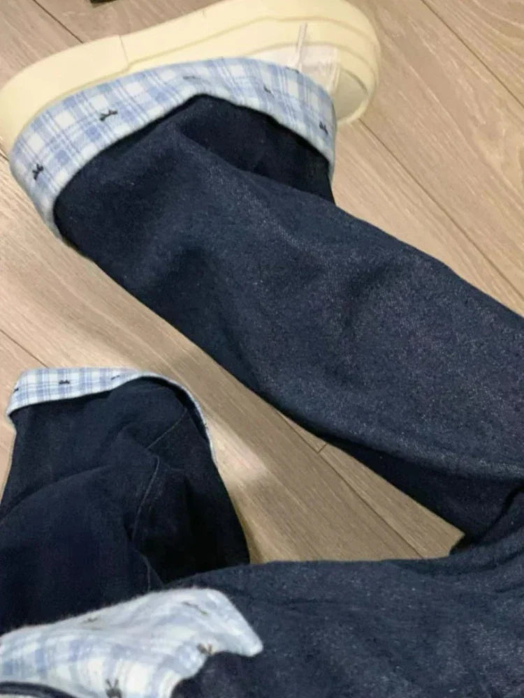 HOUZHOU Y2k Embroidery Baggy Jeans Women Vintage Plaid Patchwork Denim Trousers Harajuku Korean Sweet Oversized Jeans Cutecore