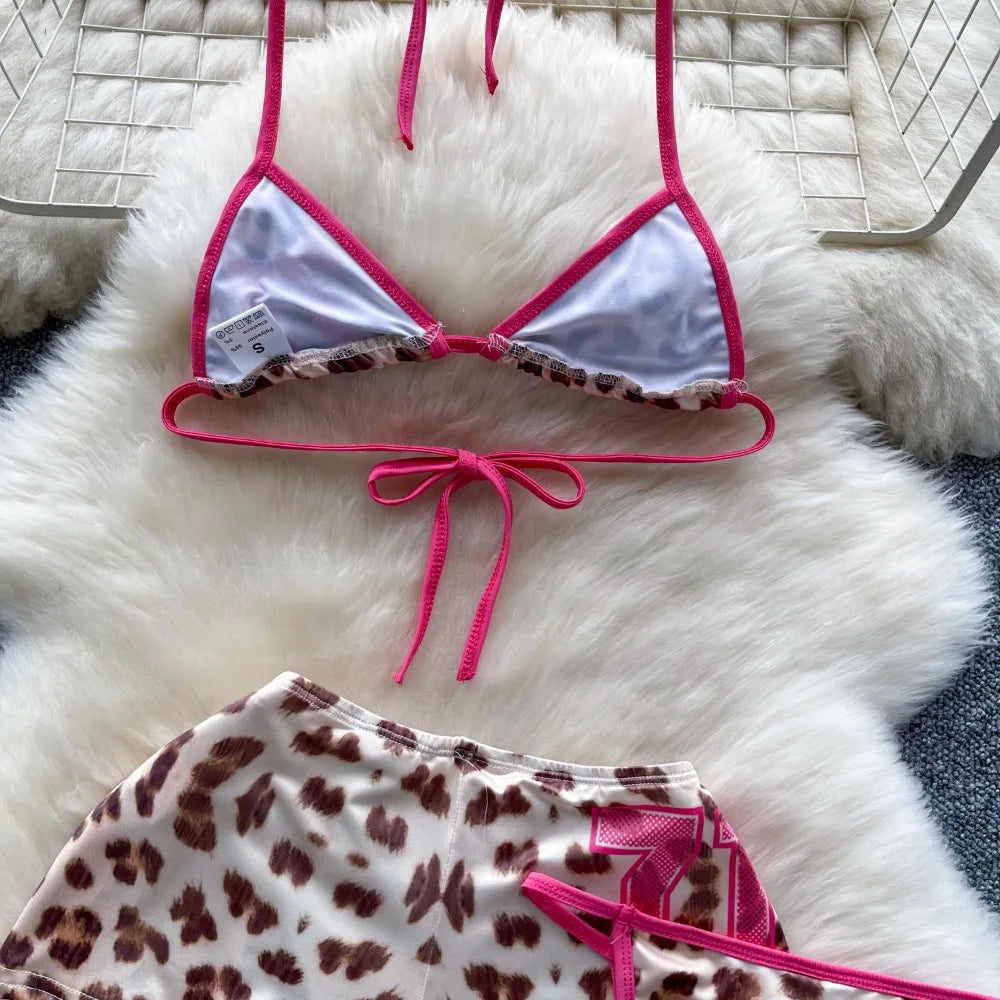 Foamlina American Pure Desire Hottie Strap Leopard Print Bikini Uniform Three-piece Suit Women's Summer Tube Top + Shorts